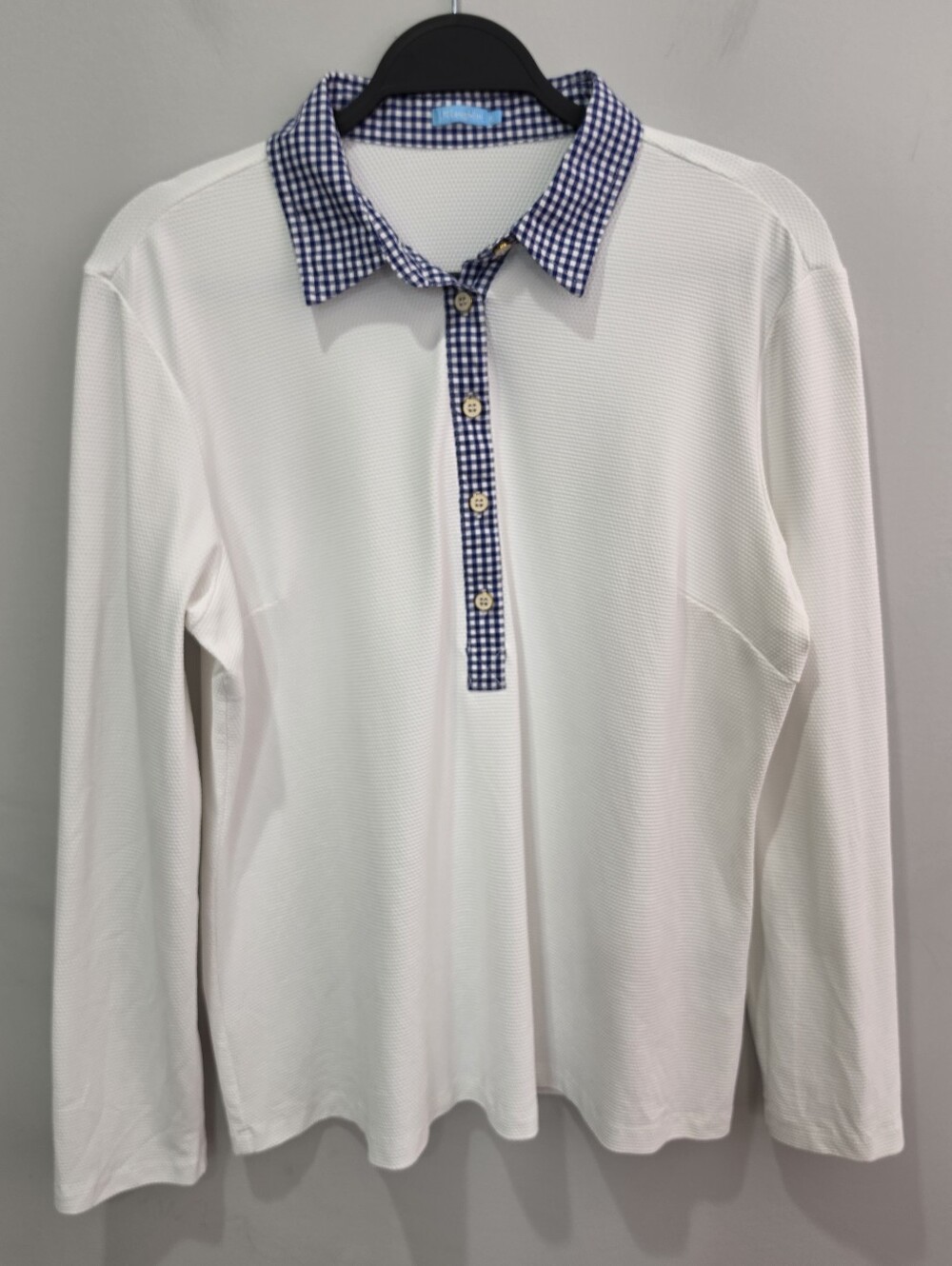 J.McLaughlin Long Sleeve Waffle Texture Polo Shirt White Blue Gingham Size XL - Picture 7 of 12